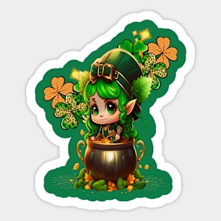 Cute Chibi Gnome St Patrick's Day Clover & Pot Of Gold Sticker